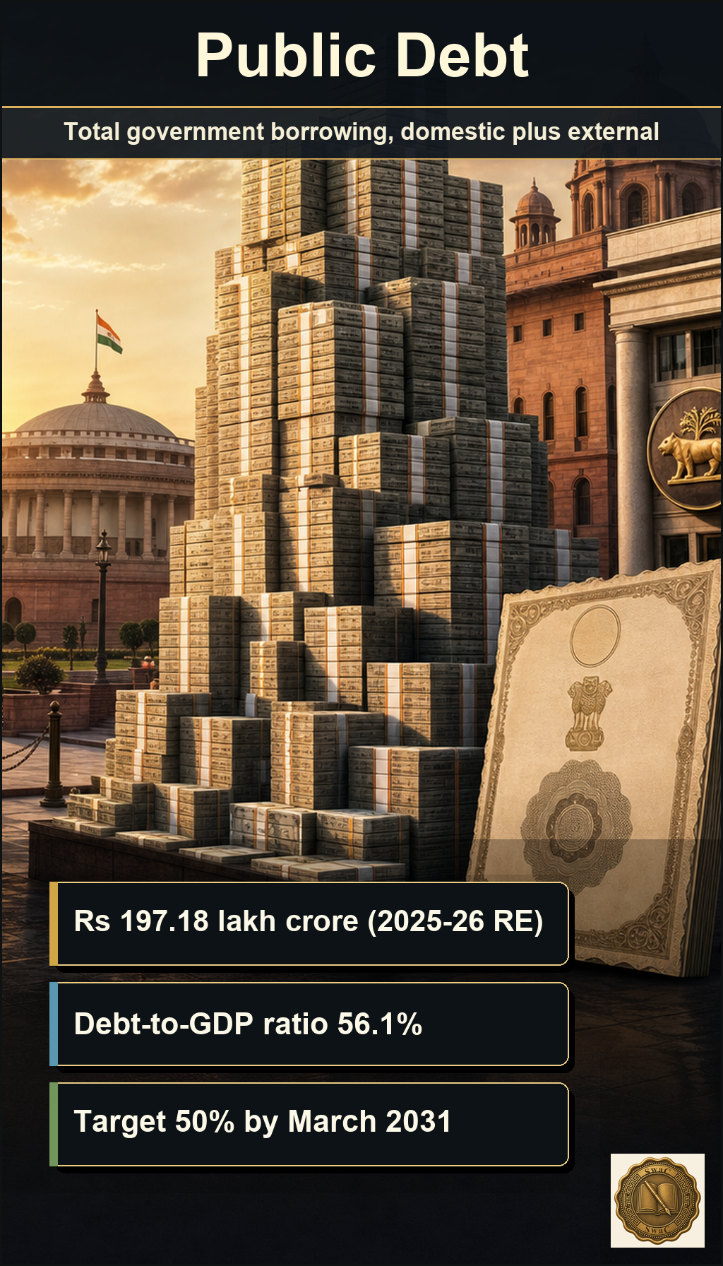 Public debt is the running national IOU — fiscal deficits stacked across years into one giant rupee obligation owed by the government.