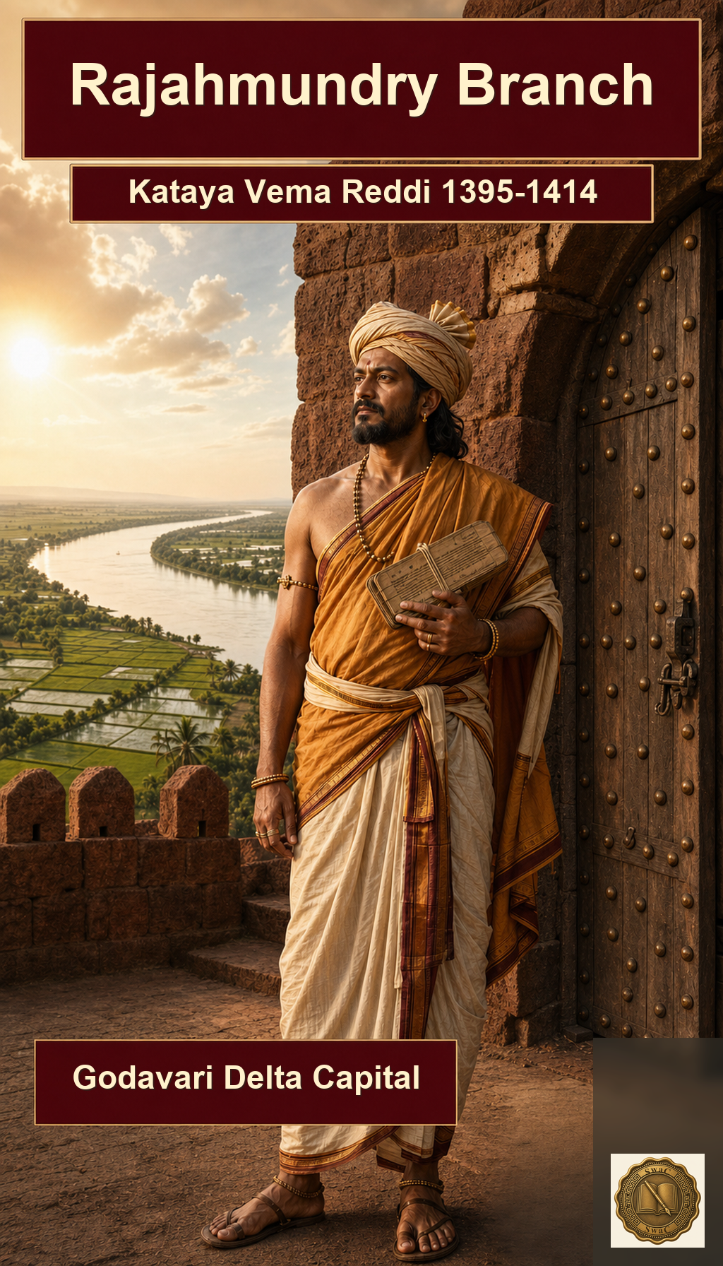 South-bank Godavari river-delta court — a fertile rice-belt kingdom anchored at Rajahmundry fortress under the founding scholar-king.