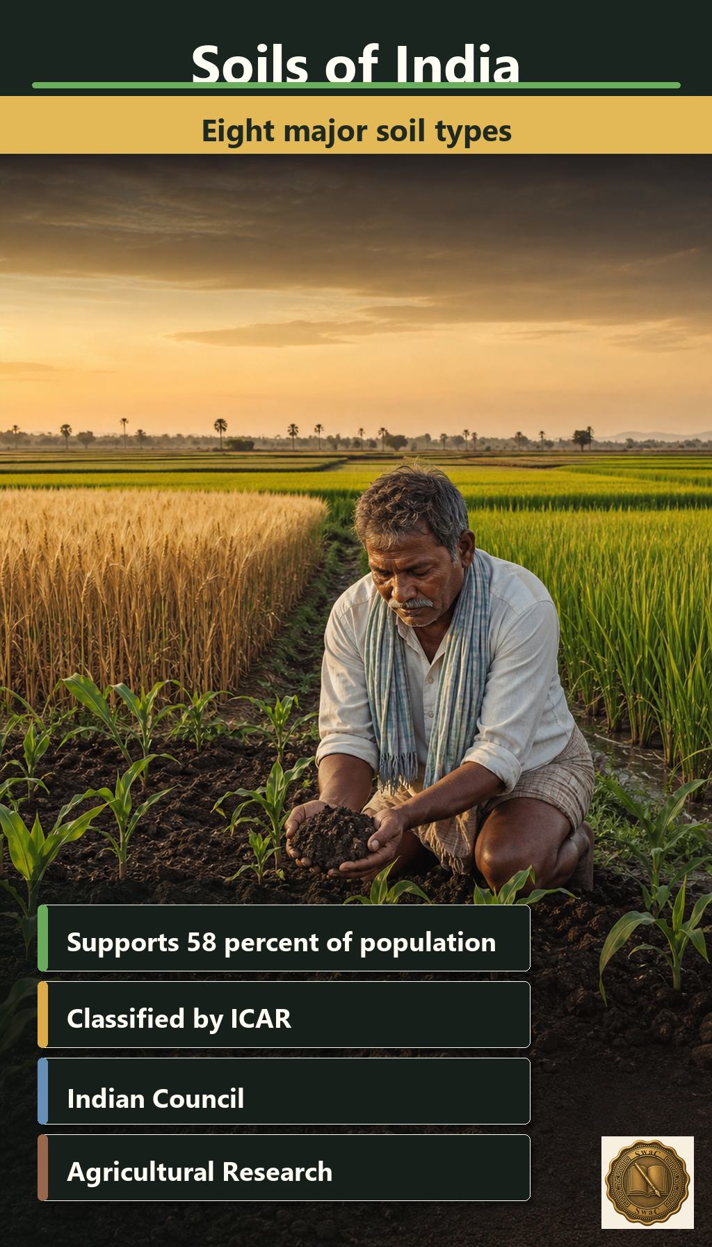 Soil as the living foundation beneath every Indian crop - one land surface, eight ICAR soil families.