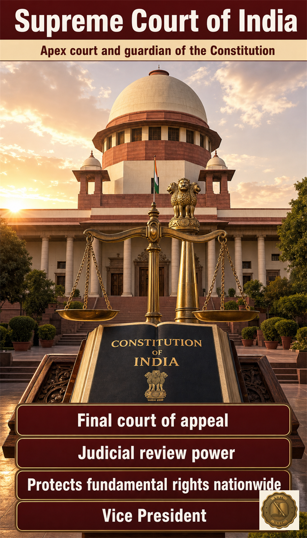 The Supreme Court as the single guardian standing at the summit of India's judicial pyramid, holding the Constitution.