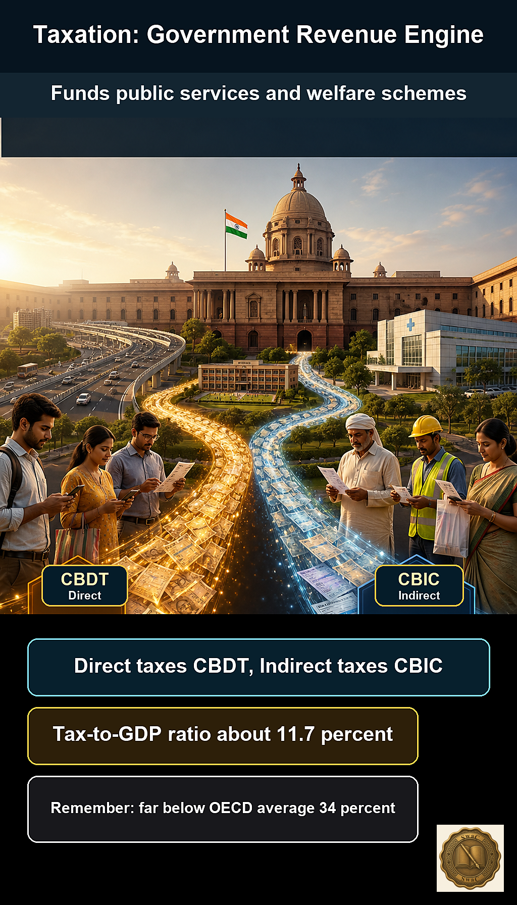 Taxes are streams of rupees flowing from citizens into public services, schools, and roads, split into a direct stream (CBDT) and an indirect stream (CBIC).