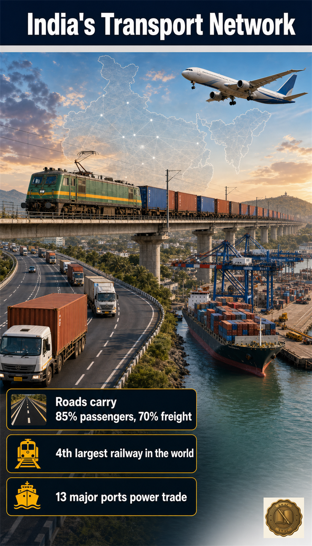 One panoramic Indian transport ecosystem where road, rail, port and air all feed a single economy.