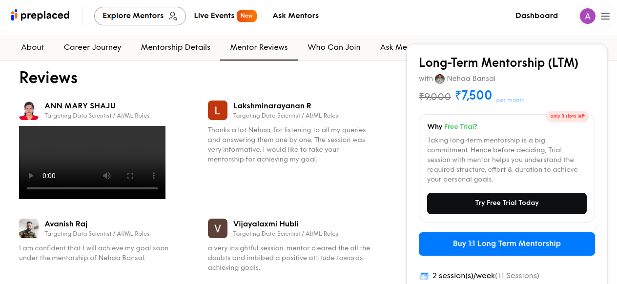 Mentee Reviews at Preplaced