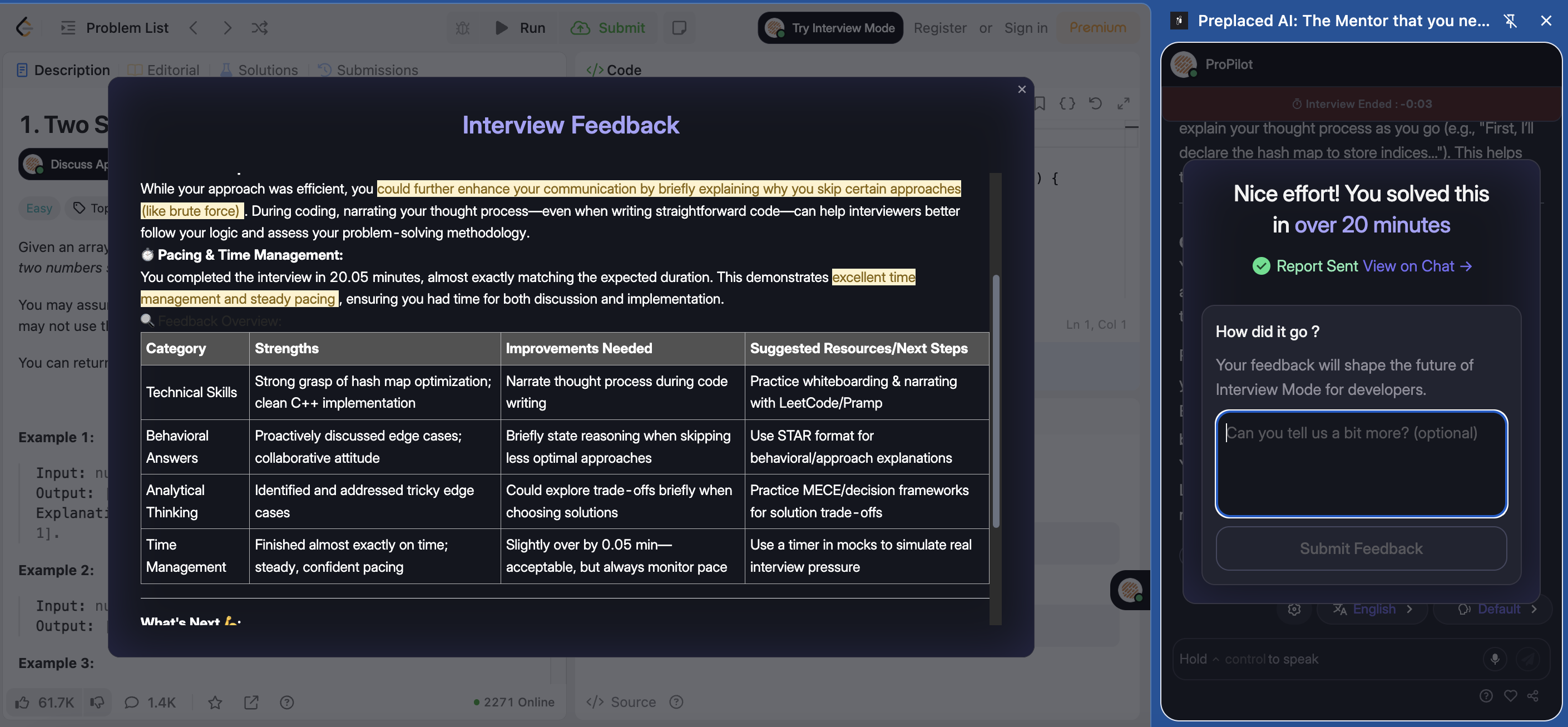 Preplaced AI LeetCode Mentor Extension - Interview Mode Feedback