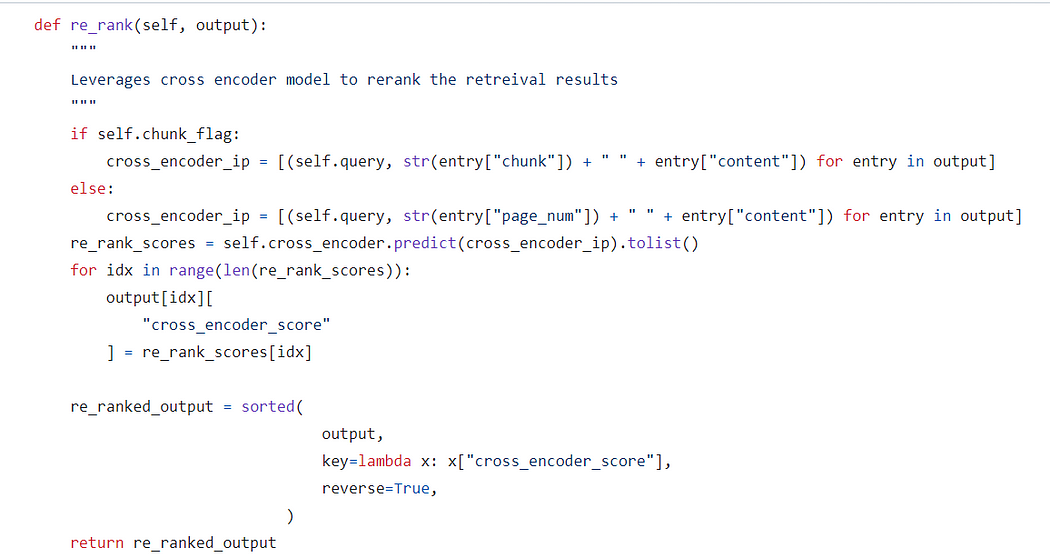   Re-ranking the output dictionary obtained from the get_top_kmethod using the cross encoder model