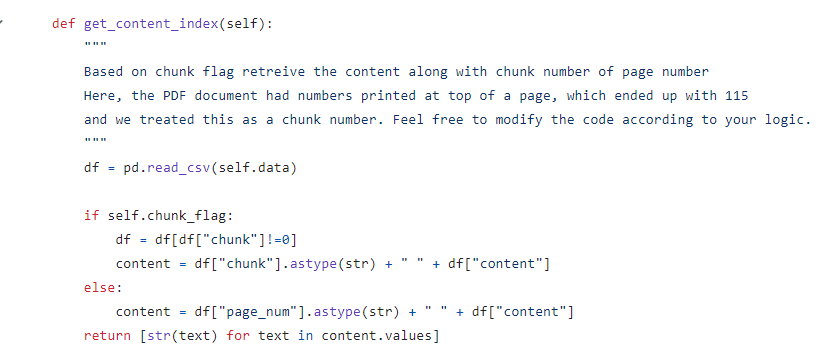 Converts the dataframe to list of string values combining both the page number and content columns