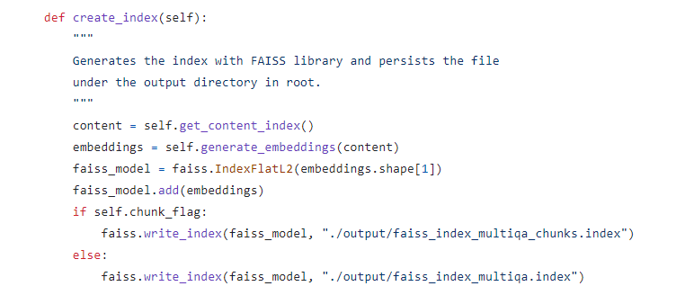 Creates index for the embeddings and stores it in local vector store using FAISS