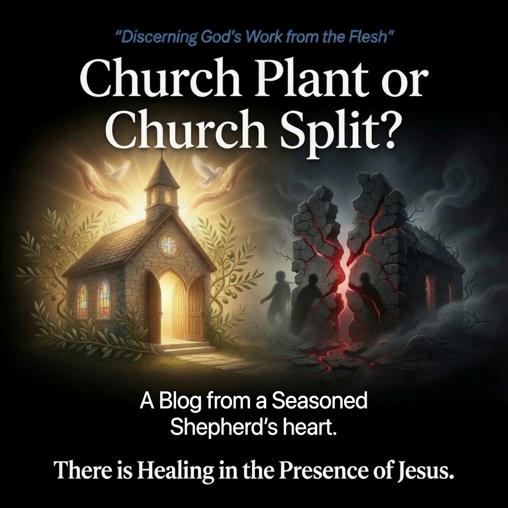 Split image contrasting a glowing, blessed church building with a cracked, fractured stone church split by red light.