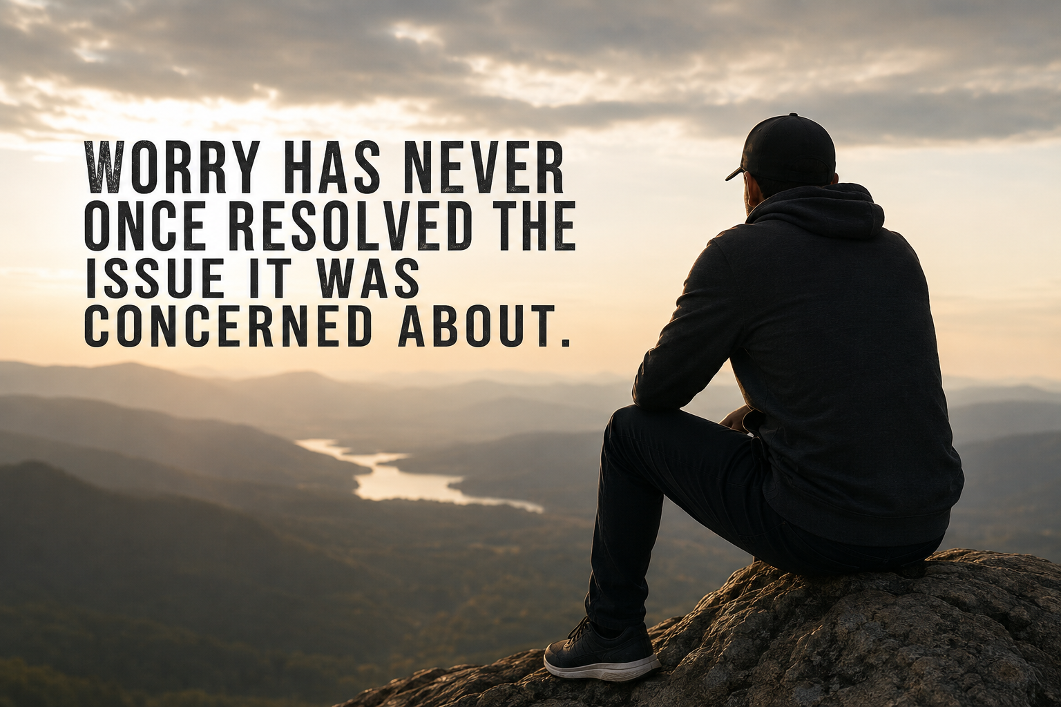 Man sitting on a mountain cliff overlooking a valley, with text quoting that worry never resolves what it worries about.