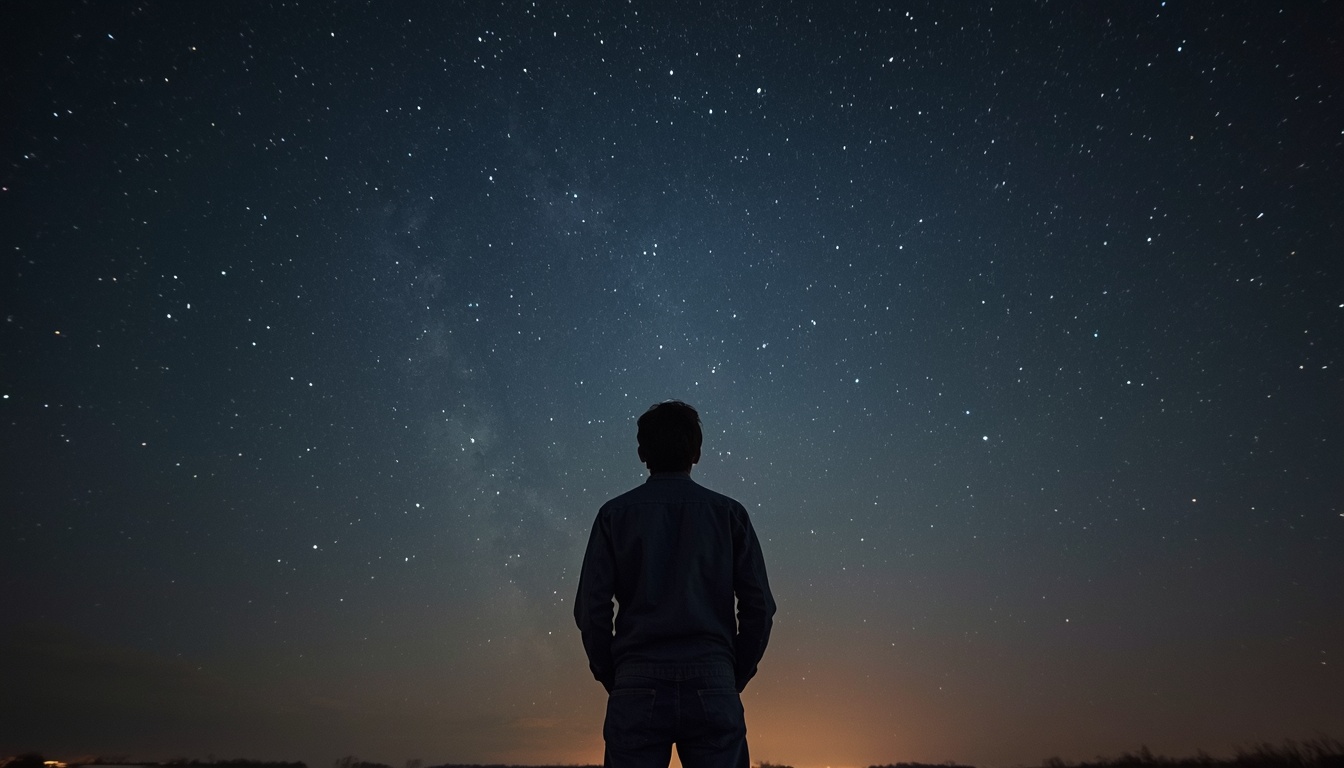 Silhouette of a person standing alone under a starry night sky, gazing upward in quiet contemplation.