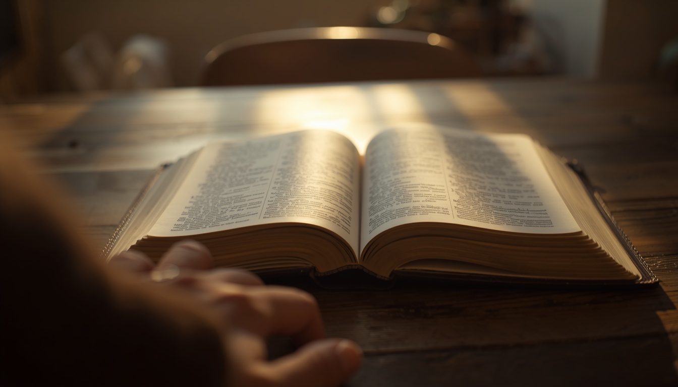 Open Bible on a wooden table at sunrise with a hand resting nearby, warm light streaming across the pages.