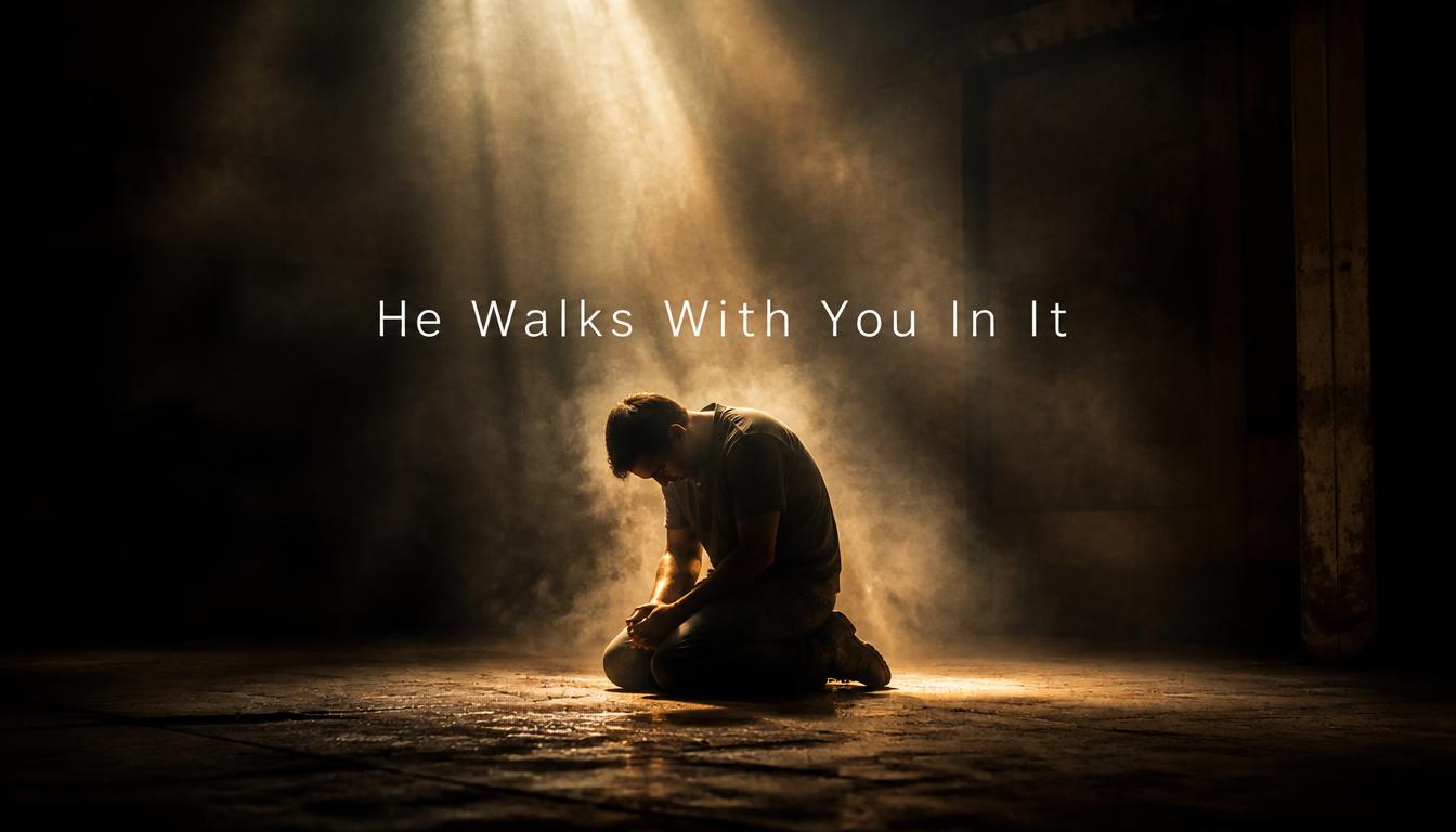 A man kneels with head bowed in a dim, smoky room as a beam of light falls on him, with the words "He Walks With You In It."