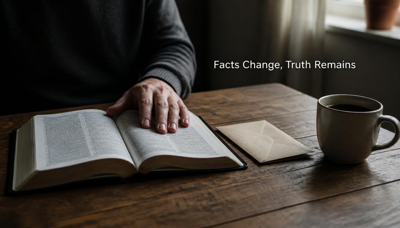 A hand rests on an open Bible beside a sealed envelope and a cup of coffee on a rustic wooden table.
