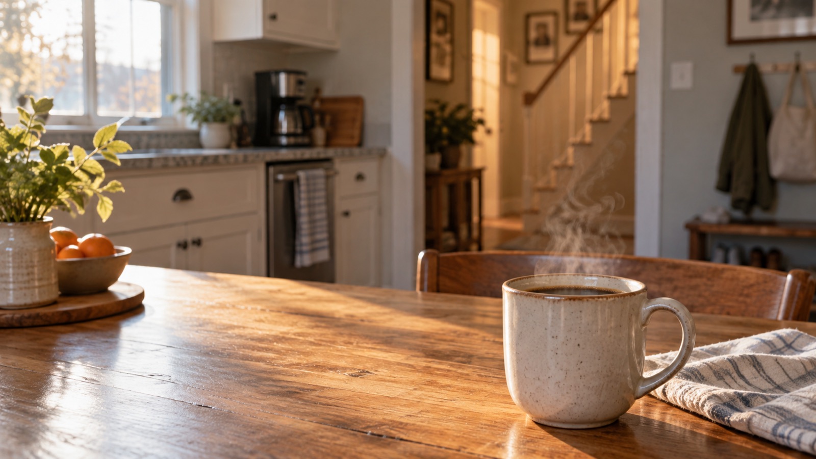 Steaming coffee mug on a sunlit wooden kitchen table, with a cozy home interior in the background.