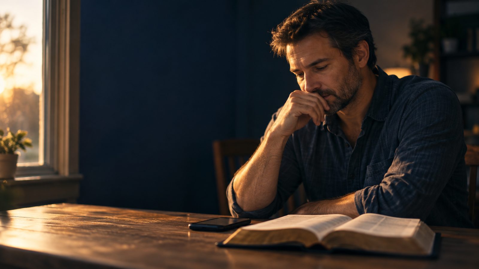 Thoughtful man resting his chin on his hand at a wooden table, an open Bible and smartphone before him in warm window light.