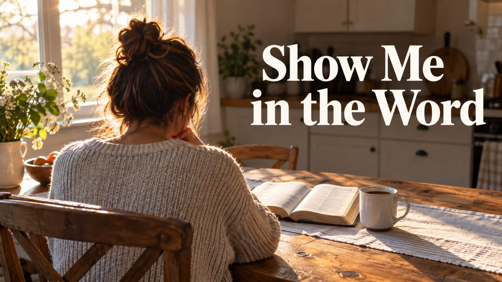 Woman seated at a sunlit kitchen table with an open Bible and coffee, beside the text “Show Me in the Word.”