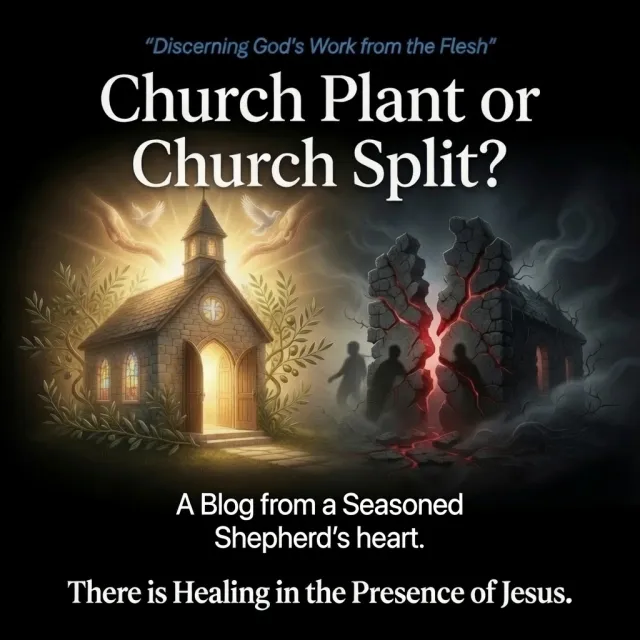 Split image contrasting a glowing, blessed church building with a cracked, fractured stone church split by red light.