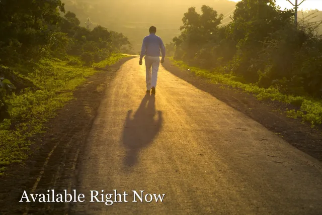 A man walking alone down a quiet sunlit road at golden hour, casting a long shadow.
