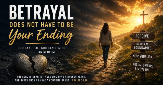Woman walking a path toward a cross at sunset, with broken chains and a signpost reading Forgive, Redraw Boundaries, Keep Your Joy.