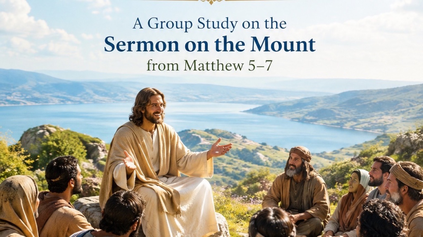 Group study scene of a smiling, robed teacher seated on a hillside speaking to listeners, with a lake and mountains behind.