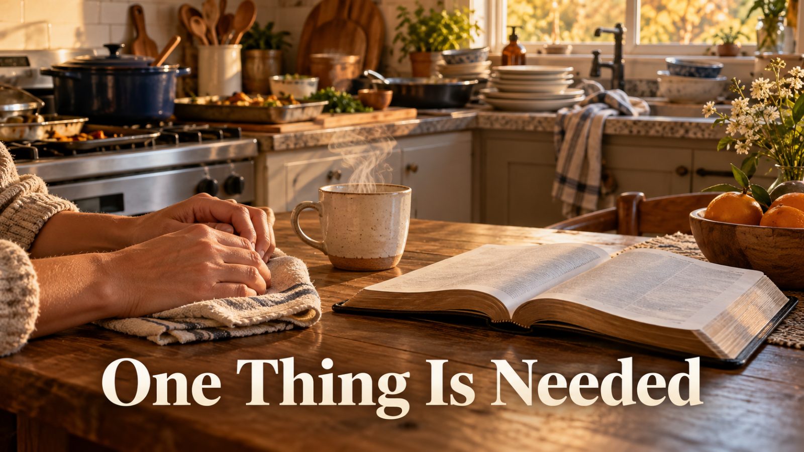Woman’s hands resting on a kitchen towel at a sunlit rustic table beside a steaming mug and an open Bible.