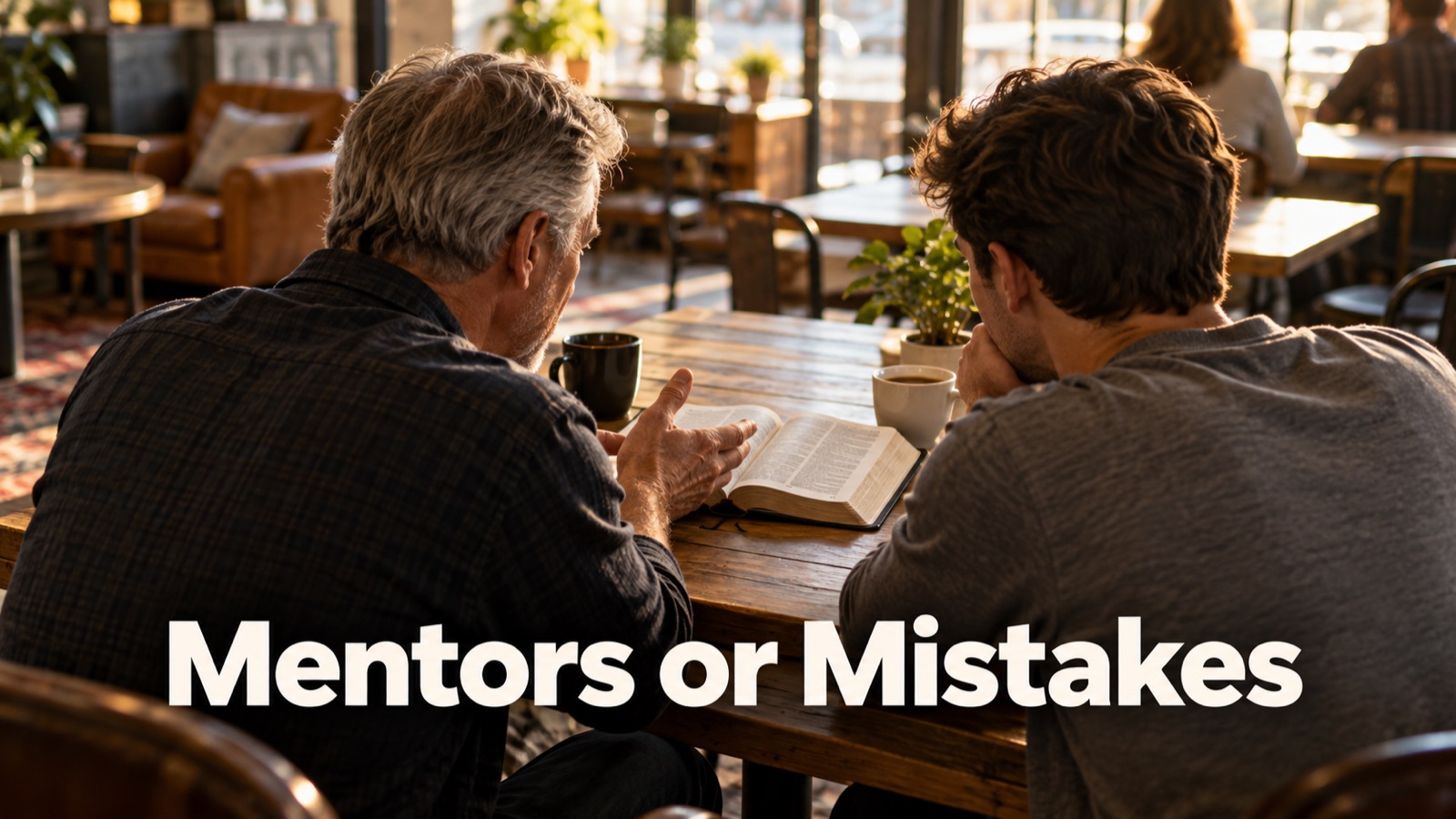 An older man with an open Bible talks with a younger man across a table in a sunlit coffee shop, with the words Mentors or Mistakes