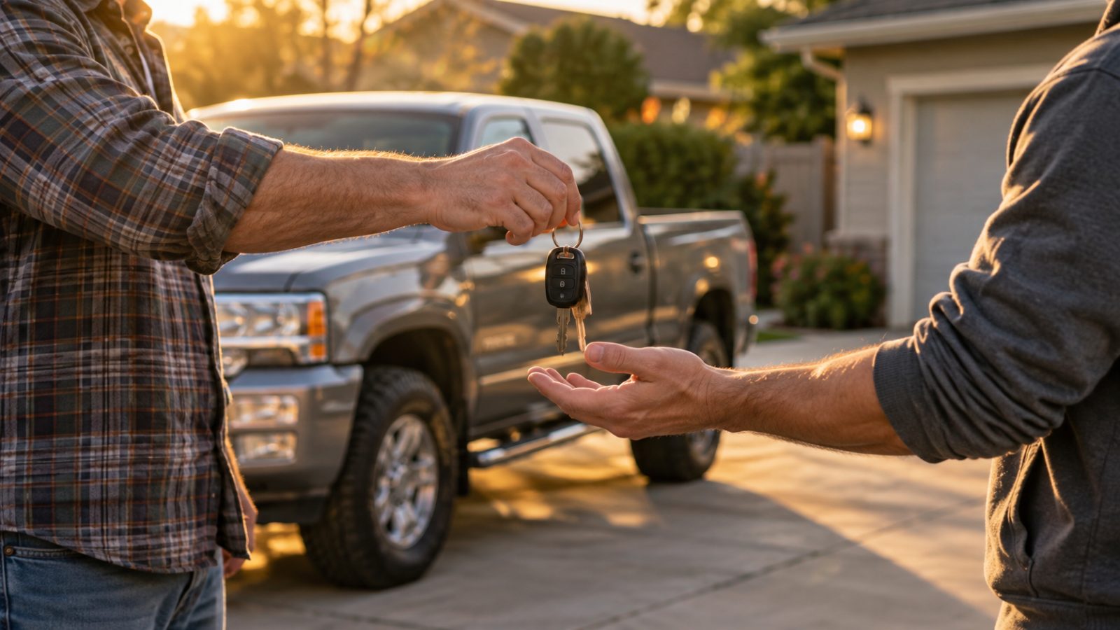 Man in a plaid flannel shirt hands truck keys to another man in front of a gray pickup in a sunlit driveway.