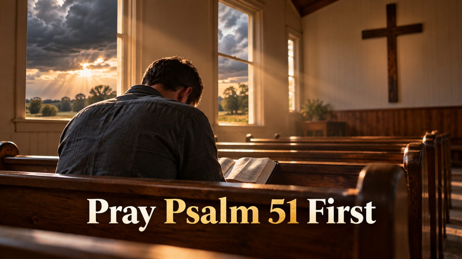 Pastor kneeling in a sunlit rural church pew, head bowed over an open Bible beneath a wooden cross.
