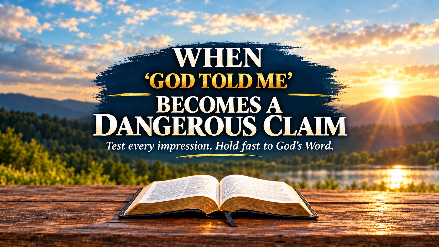 An open Bible on a wooden table with a sunrise over a lake and mountains behind it
