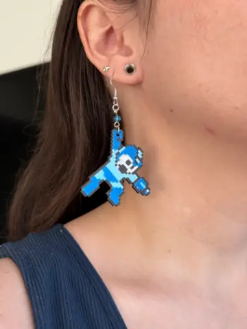 8-Bit Mega Man Dangle Earrings – Retro Gamer Jewelry – Handmade Pixel Art Accessories