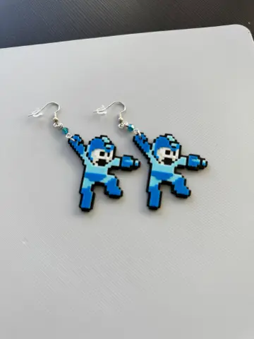 8-Bit Mega Man Dangle Earrings – Retro Gamer Jewelry – Handmade Pixel Art Accessories - Thumbnail 2
