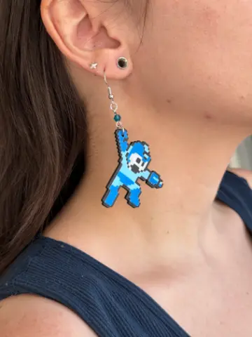 8-Bit Mega Man Dangle Earrings – Retro Gamer Jewelry – Handmade Pixel Art Accessories - Thumbnail 3