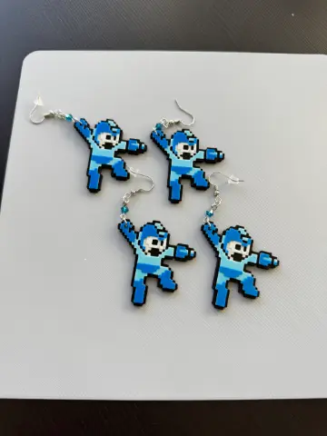 8-Bit Mega Man Dangle Earrings – Retro Gamer Jewelry – Handmade Pixel Art Accessories - Thumbnail 4