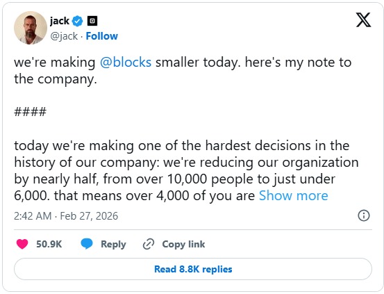 Block CEO Jack Dorsey announces a massive headcount reduction