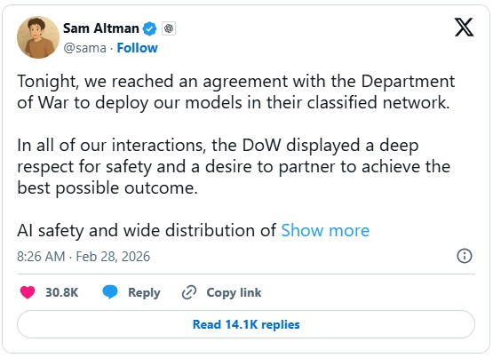 OpenAI CEO Sam Altman successfully negotiated a classified military contract hours after the Pentagon banned rival firm Anthropic.