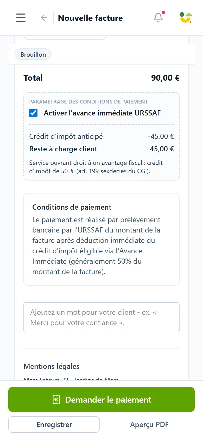 capture de l'écran de facturation montrant la décomposition automatique entre le crédit d'impôt anticipé et le reste à charge du client, avec le bouton permettant d'envoyer la demande de paiement à l'URSSAF.