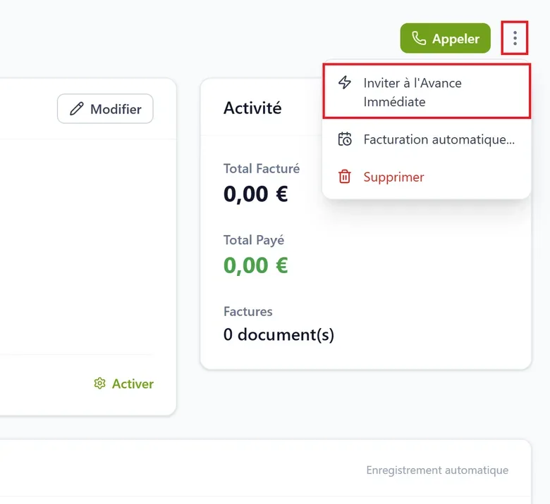 Le menu d'actions d'une fiche client, ouvert sur l'option « Inviter à l'Avance Immédiate »