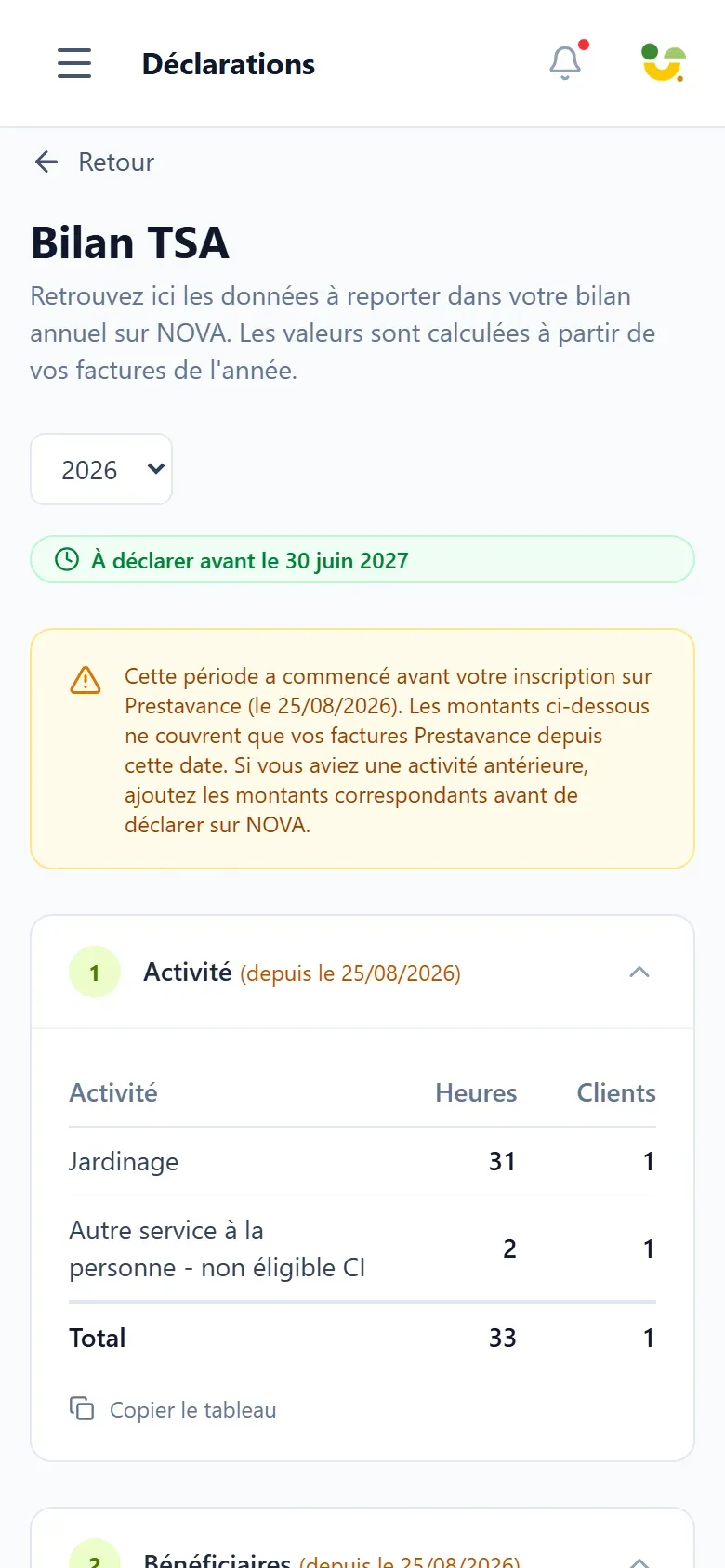 capture d'écran mobile de la page Bilan TSA de Prestavance, présentant les cinq sections numérotées du formulaire annuel NOVA, le sélecteur d'année, le rappel d'échéance du 30 juin et l'avertissement précisant que les valeurs ne couvrent que les factures créées dans le logiciel.