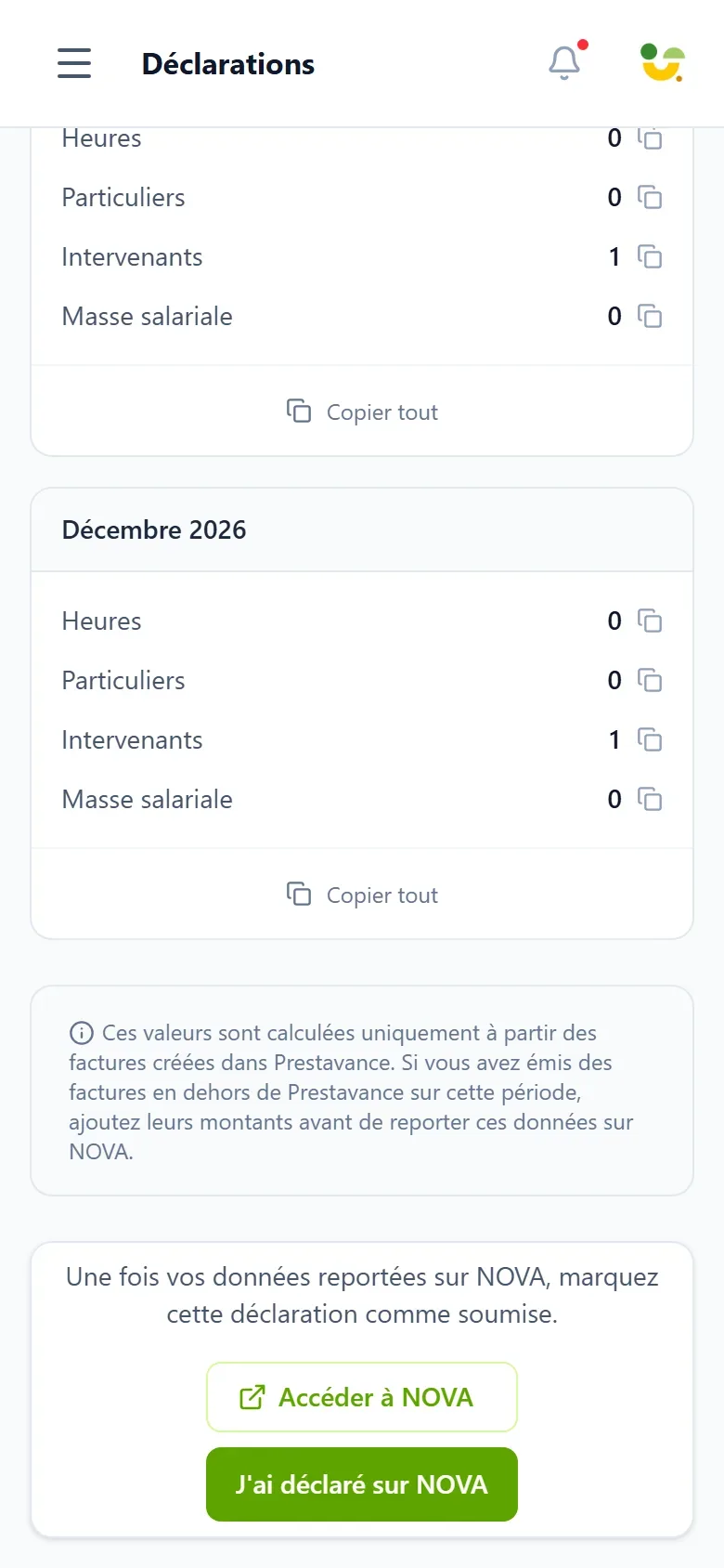 capture d'écran mobile montrant les deux boutons de fin de parcours, l'un ouvrant le portail NOVA et l'autre marquant la déclaration comme effectuée dans Prestavance, avec la fenêtre de confirmation qui rappelle qu'aucune donnée n'est transmise automatiquement.