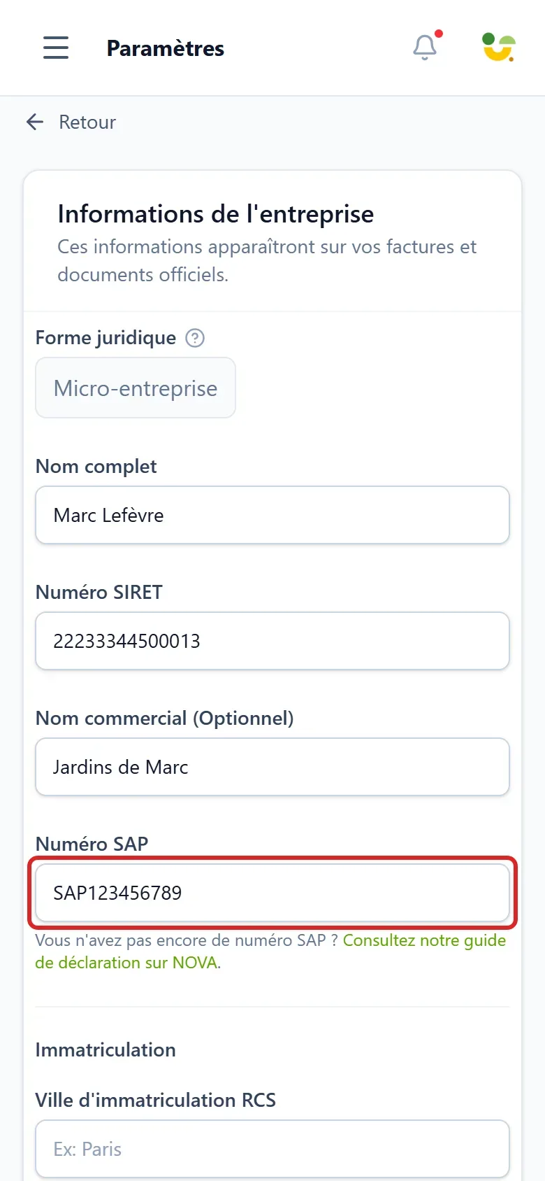 capture d'écran mobile des paramètres de Prestavance montrant le champ Numéro SAP à remplir avec un numéro au format SAP suivi de neuf chiffres, précédé du numéro SIRET et du nom commercial, et suivi du bouton d'enregistrement des modifications.