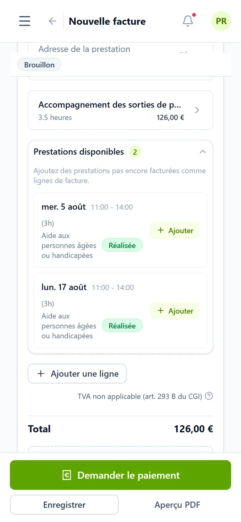 capture du sélecteur d'interventions, listant les prestations réalisées non encore facturées avec des cases à cocher pour les ajouter à la facture.