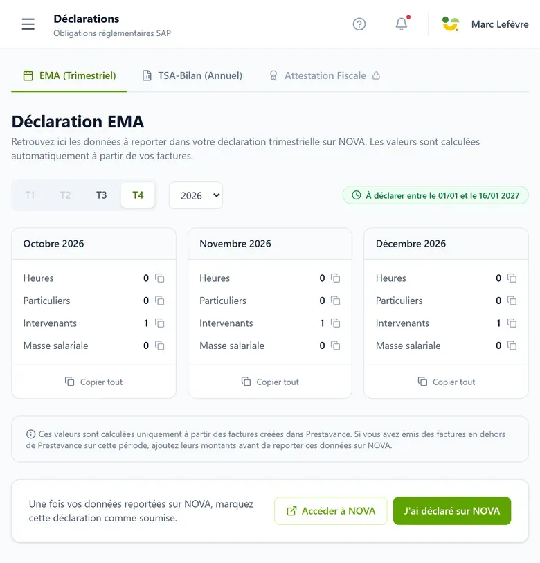 capture d'écran mobile de la page de déclaration EMA, montrant trois cartes mensuelles pré-remplies avec le nombre d'heures et de clients à reporter sur NOVA, et les boutons permettant d'ouvrir le portail NOVA puis de marquer la déclaration comme effectuée.