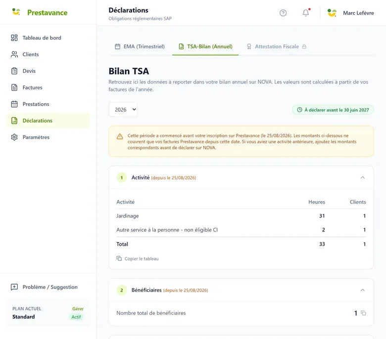 capture d'écran sur écran large du tableau de ventilation par activité du Bilan TSA, montrant pour chaque activité de services à la personne le nombre d'heures et le nombre de clients de l'année, avec une ligne de total et le bouton permettant de copier le tableau entier.