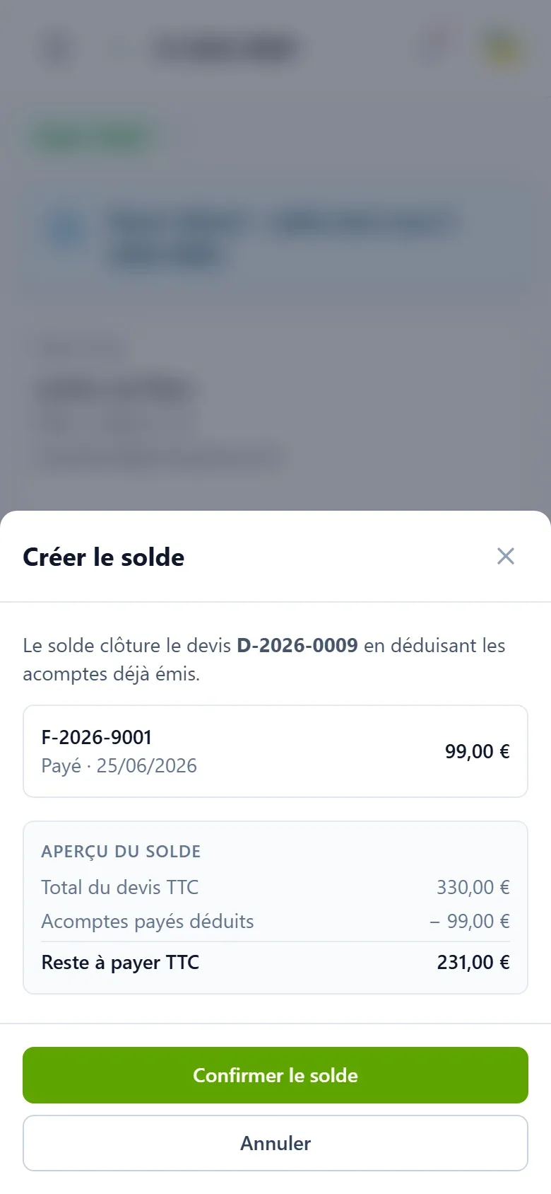 capture de l'aperçu de la facture de solde, montrant le total du devis, la déduction des acomptes déjà payés et le montant restant dû par le client.
