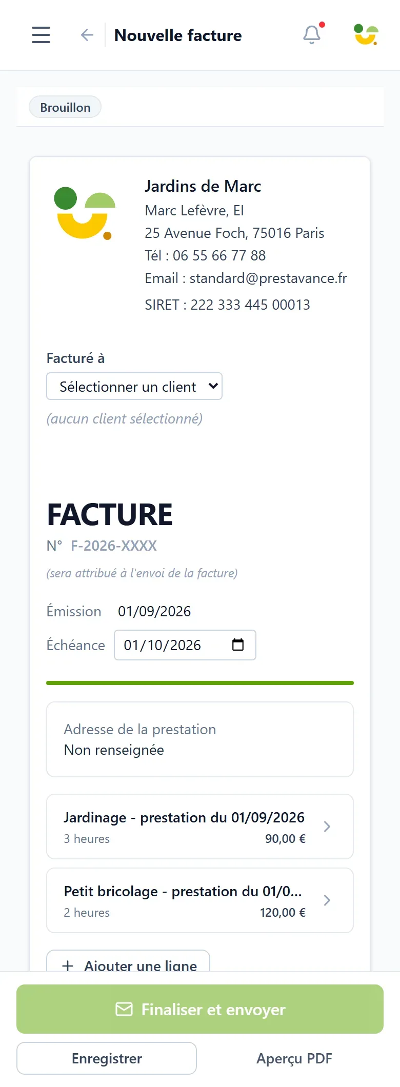 capture de l'éditeur de facture sur téléphone, où chaque ligne de prestation est une carte que l'on touche pour la modifier.