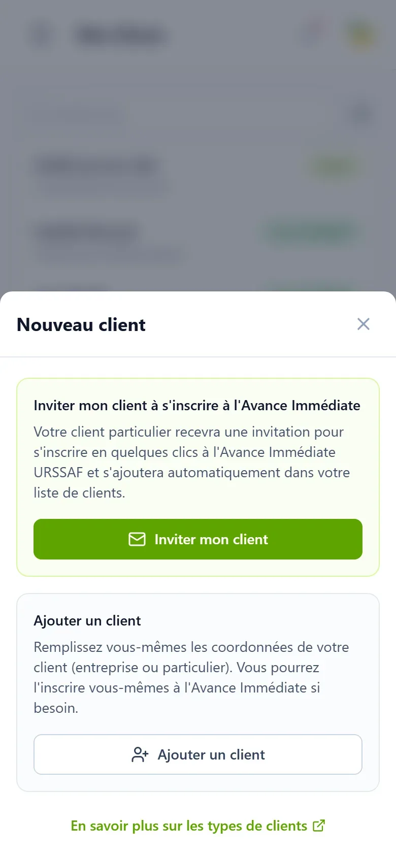 capture d'écran de la fenêtre de création d'un client proposant deux chemins, l'invitation à l'Avance Immédiate URSSAF et l'ajout classique d'un client.