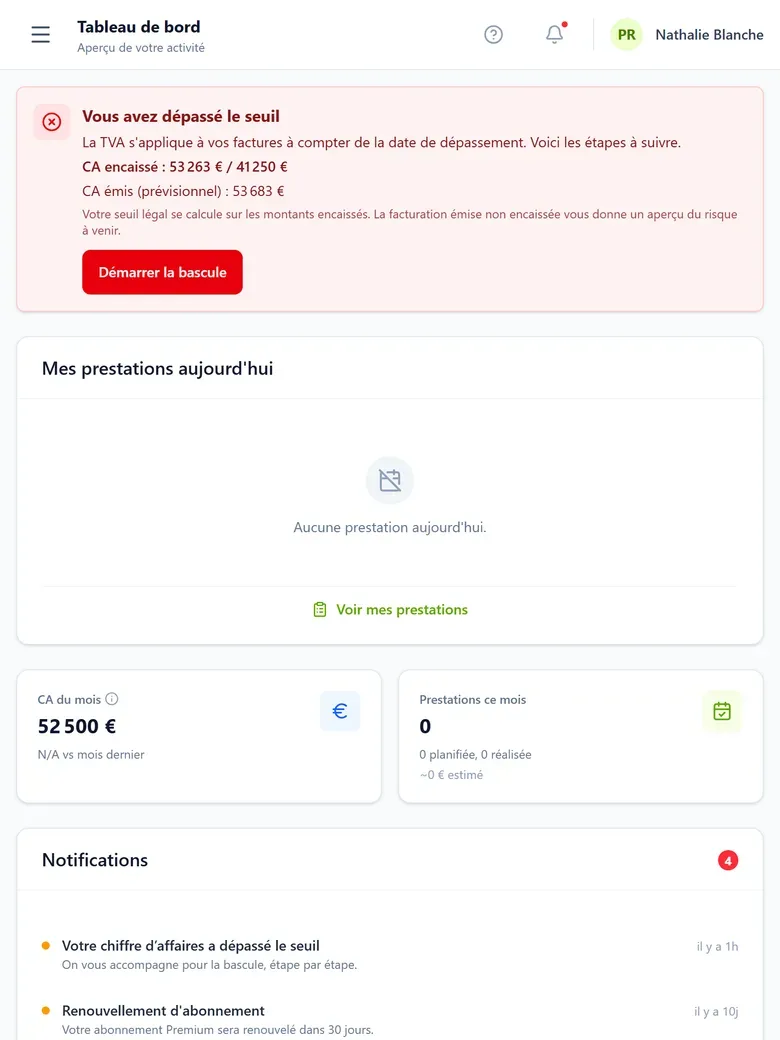 Capture d'écran sur tablette du tableau de bord Prestavance, montrant la carte du chiffre d'affaires du mois et le bandeau de suivi de seuil, qui indique le chiffre d'affaires encaissé rapporté au plafond et le chiffre d'affaires émis prévisionnel.