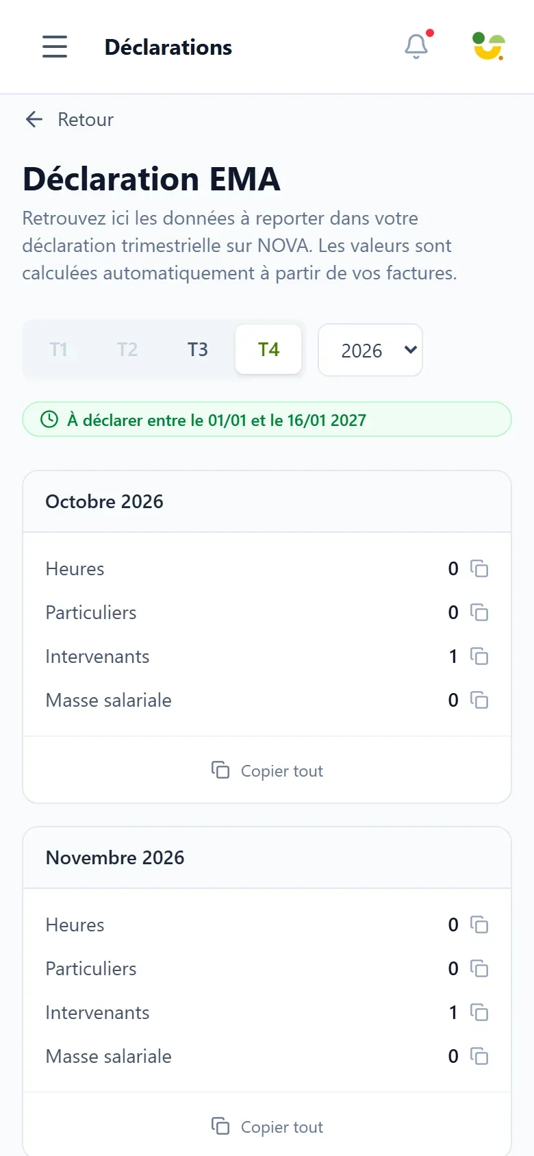 capture d'écran mobile de la page de déclaration EMA de Prestavance montrant le rappel d'échéance du trimestre, le sélecteur de trimestre et une carte mensuelle listant les quatre valeurs pré-calculées à reporter sur NOVA, chacune munie d'un bouton de copie.