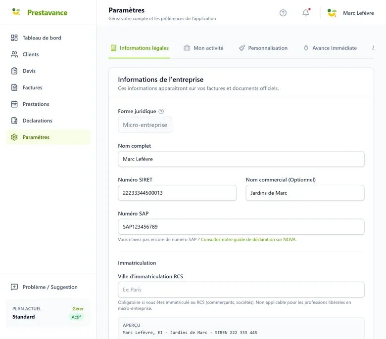 capture des réglages d'entreprise montrant la saisie du numéro SAP obtenu sur NOVA et la sélection des activités de services à la personne exercées, qui alimentent ensuite les déclarations et les mentions imprimées sur les factures.