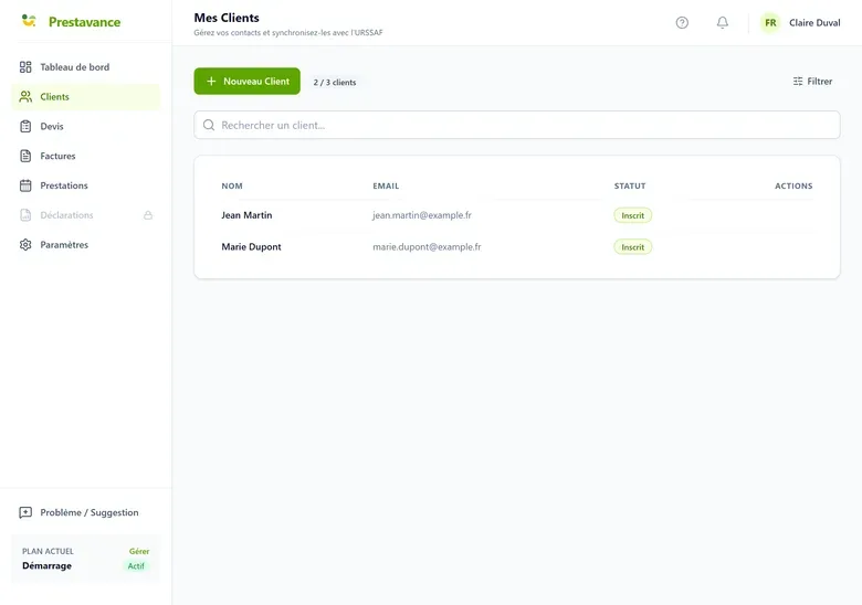 capture de la page Clients où un compteur indique clairement le nombre de clients utilisés sur le nombre autorisé par l'offre.